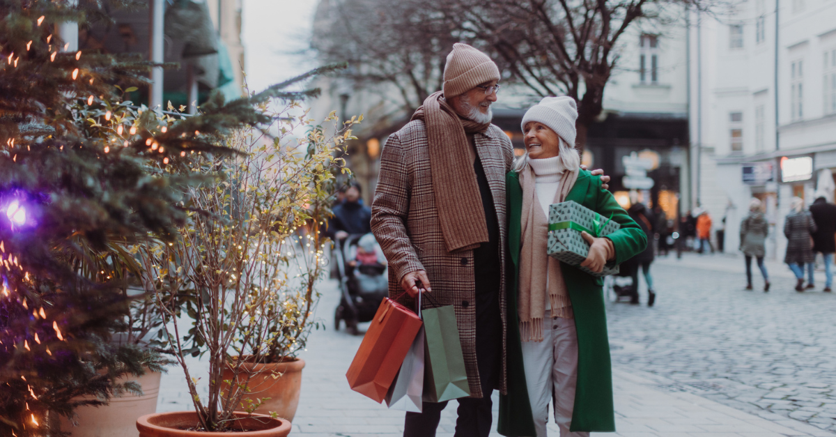 Happy couple walking in the winter